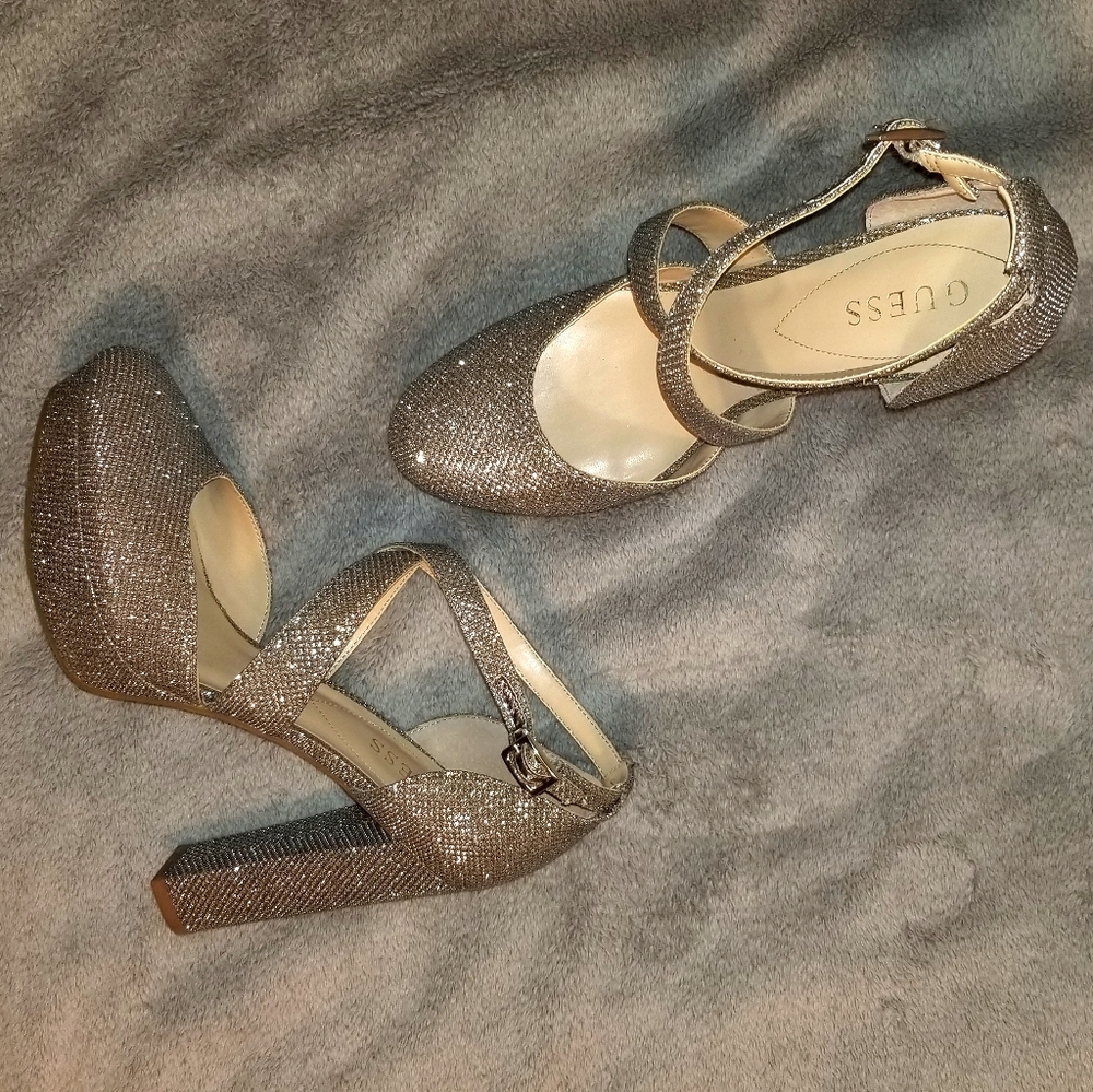 Guess Glitter Ankle Strap Platform Heels